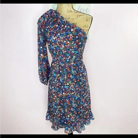 J. Crew Kaleidoscope Stars One Shoulder Dress Blue Multi Bow Ruffle - Picture 7 of 9